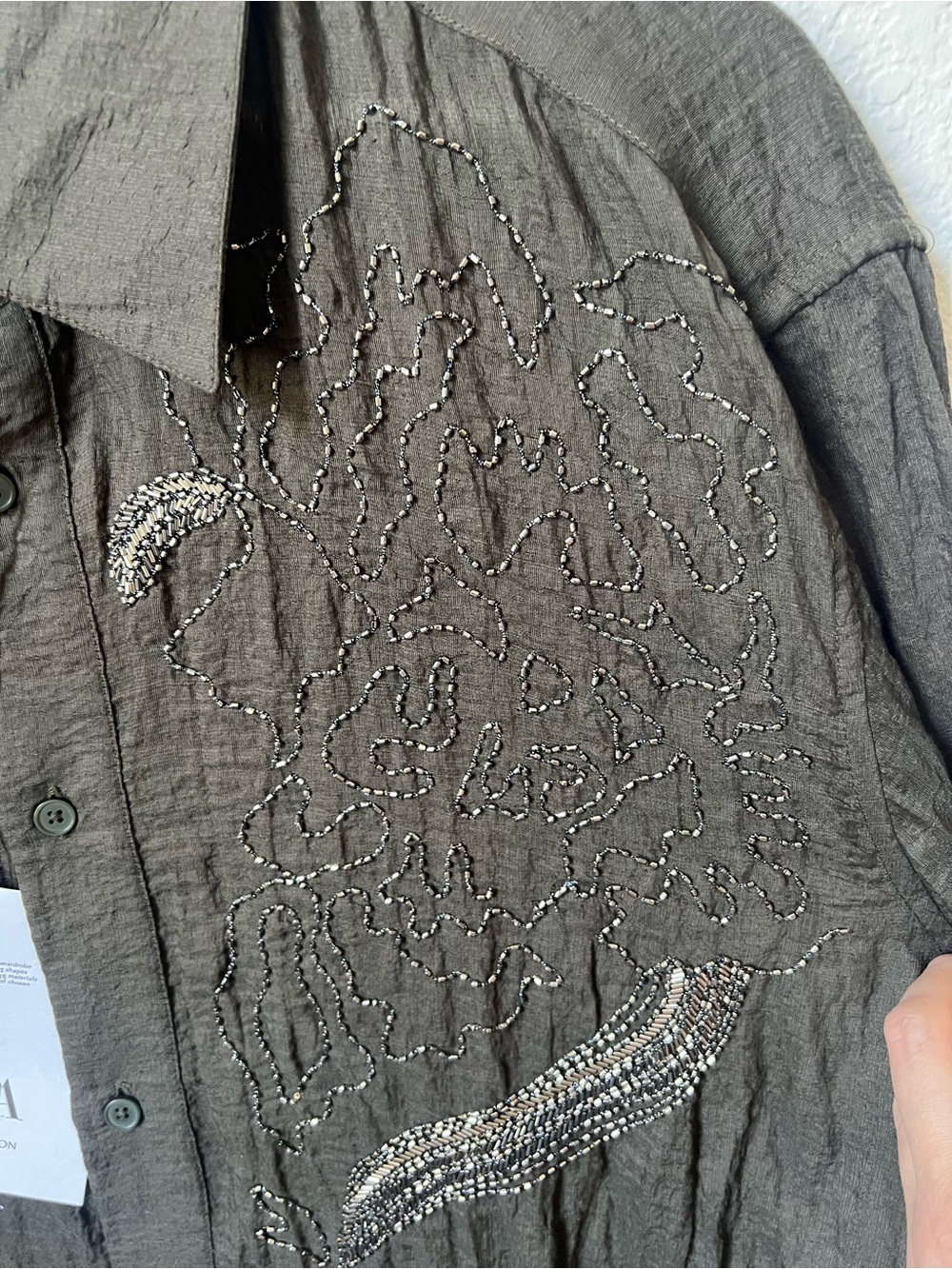 Zara Men Limited Edition Floral Beaded Embroidered Shirt NWT Gunmetal Green - Picture 7 of 11
